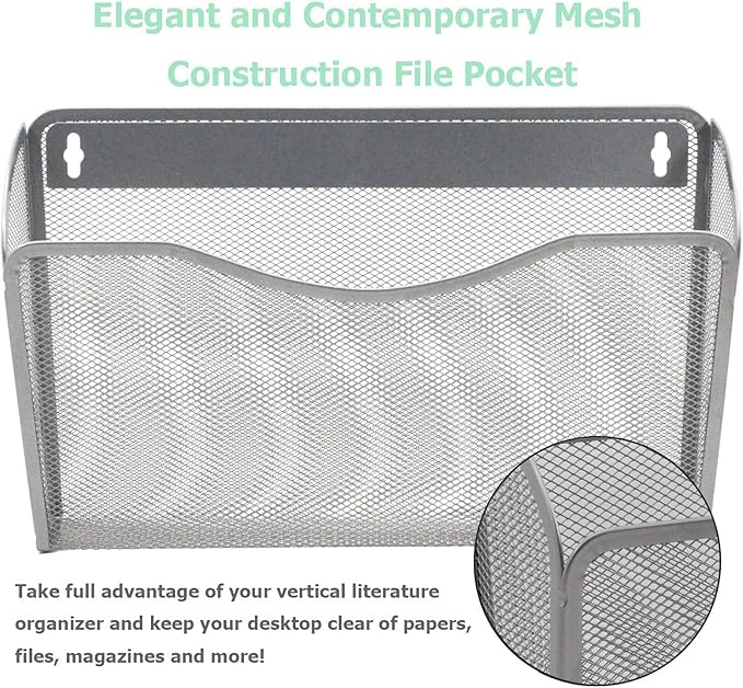 EASEPRES 6 Single Pocket Mesh Hanging File Organizer, Vertical Wall Mounted Magazine File Holder, Mount Basket Mail Paper Document Folder Organizing for Office, Home and School, Silver