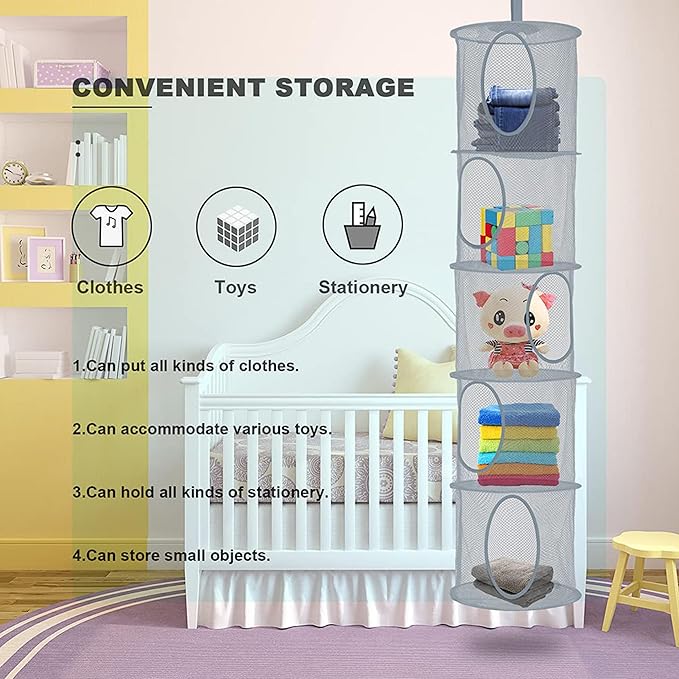 3Pcs Stuffed Animal Storage Foldable Stuffed Animal Net or Hammock Organizer, 5 Compartments Hanging Mesh Toy Storage Hammock for Kid Room Toys, Gloves, Hats, Socks(Grey)-NeatNest