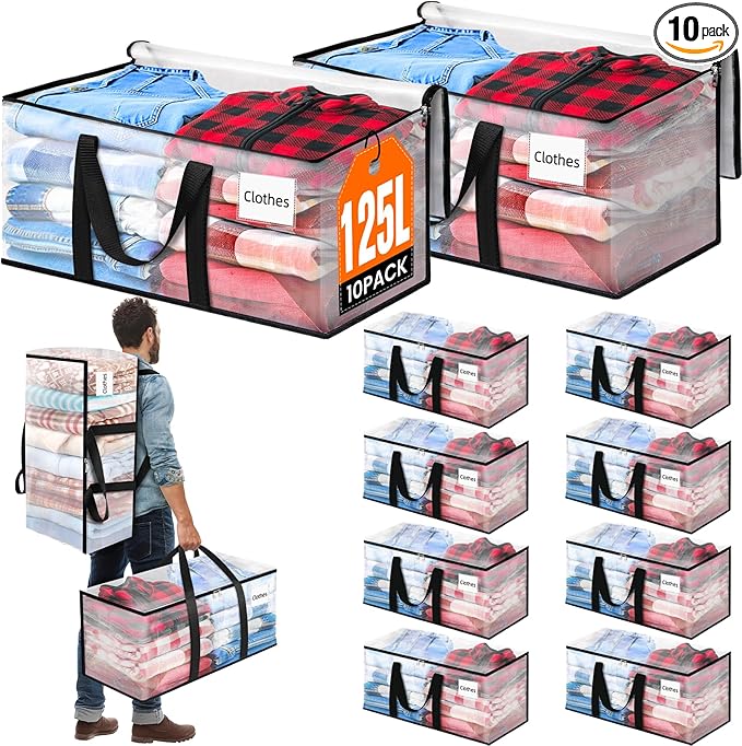 BlissTotes 10-Pack Large Moving Bags with Backpack Straps & Strong Zippers, Heavy-Duty Storage Bags Moving Boxes for Space Saving, Dorms, Transport, 125L-30 Gallons, Clear-NeatNest