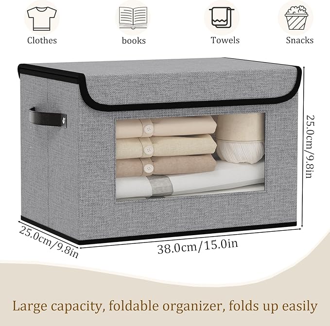 Fabric Basket with Lid, 5-Pack Decorative Linen Closet Organizers Bins, 15 x 9.8 x 9.8 inch Storage Containers for Shelves, Cubes with Handles, Gray