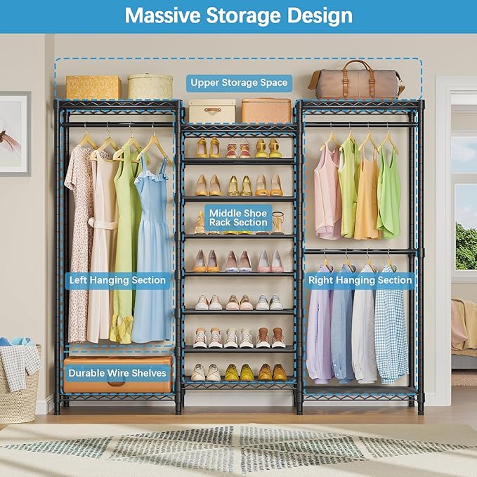 VIPEK S3C Heavy Duty Portable Closet with Adjustable Shoe Rack Wire Shelf, Large Wardrobe Organizer for Bedroom Storage, Freestanding Clothes Rack with Hanging Rod, Custom Black Rack with Grey Cover-NeatNest