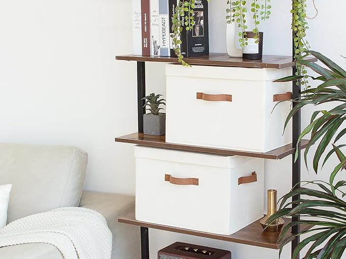StorageWorks Fabric Storage Bins with Lid, Decorative Storage Boxes for Shelves, Stackable Closet Organizer Basket with Handles, Jumbo, Ivory White, 2-Pack-NeatNest