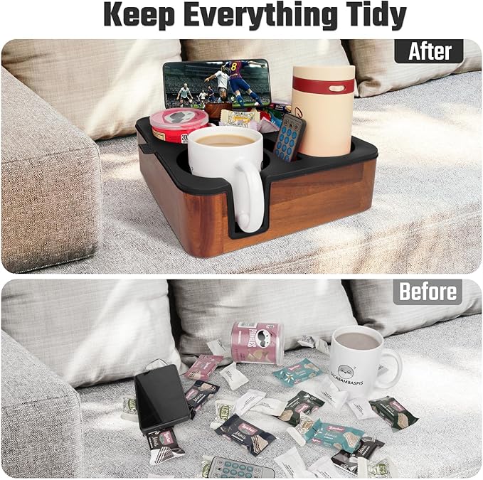 Couch Cup Holder Tray, Real Acacia Wooden Caddy with Soft Silicone, Snack and Drink Organizer- Perfect Movie Night Accessories for Bed, Remote and Cup Holders for Sofa (Black)-NeatNest