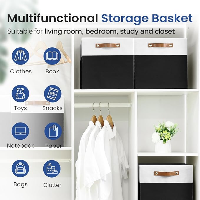 6-Pack Collapsible Fabric Storage Cubes with Handles & Label Holders, Closet Cube Home Organizer Bins (White/Black, 13 x 13 x 13 inch)
