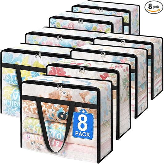 BlissTotes 8 Pack Clear Clothes Storage Bags, Under Bed Storage Containers, Foldable Blanket Storage Moving Bags with Sturdy Zipper and Handle for Clothing, Comforter, Bedding, Sheet (90L)-NeatNest