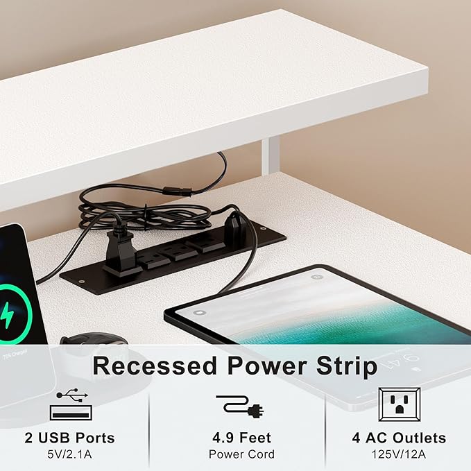 Need 60 inch Computer Desk with LED Lights & Power Outlets, Large Home Desk with Monitor Shelf, Writing Table Gaming Desk Home Office Desk, White-NeatNest