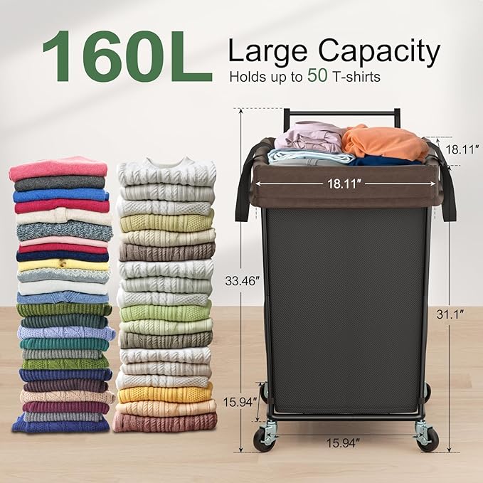 160L Laundry Hamper with Wheels and Handle, 2 Section Large Rolling Laundry Basket Bag with Wheels, Clothes Hamper Cart for Laundry, Bedroom, Bathroom and Dorm