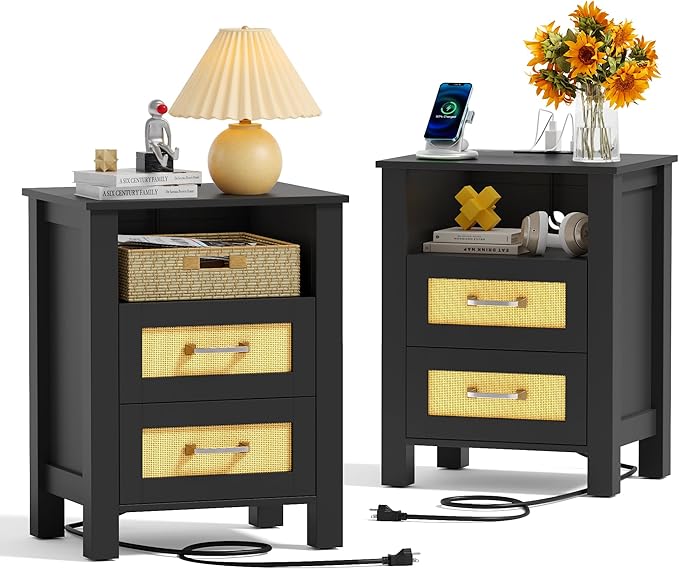 JUMMICO 26.18" End Table with Charging Station and Rattan Drawers, Farmhouse Nighstand, Wooden Storage Bedside Table, Living Room, Bedroom(2, Black Oak)