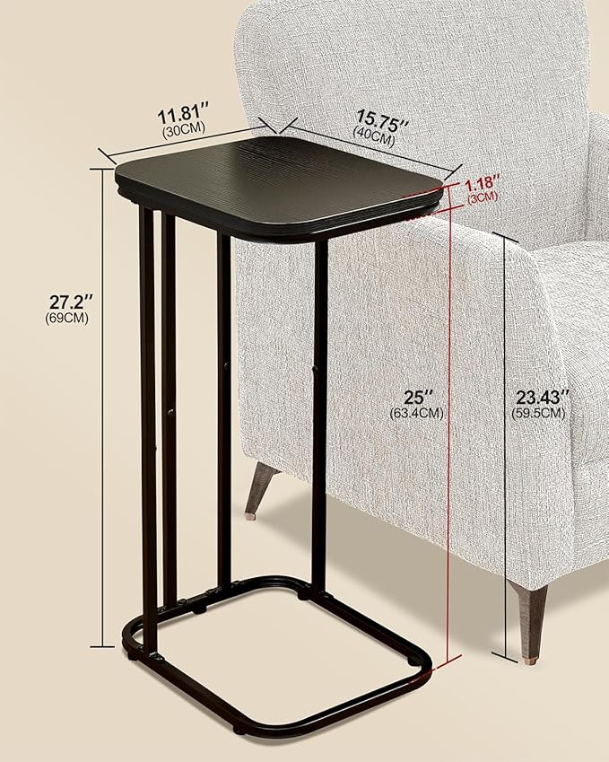 C Shaped End Table, 27 Inches High Small Side Table for Sofa and Bed, Couch Table That Slides Under, Tall Tv Tray Table for Living Room, Bedroom, Metal Frame, Ebony Black
