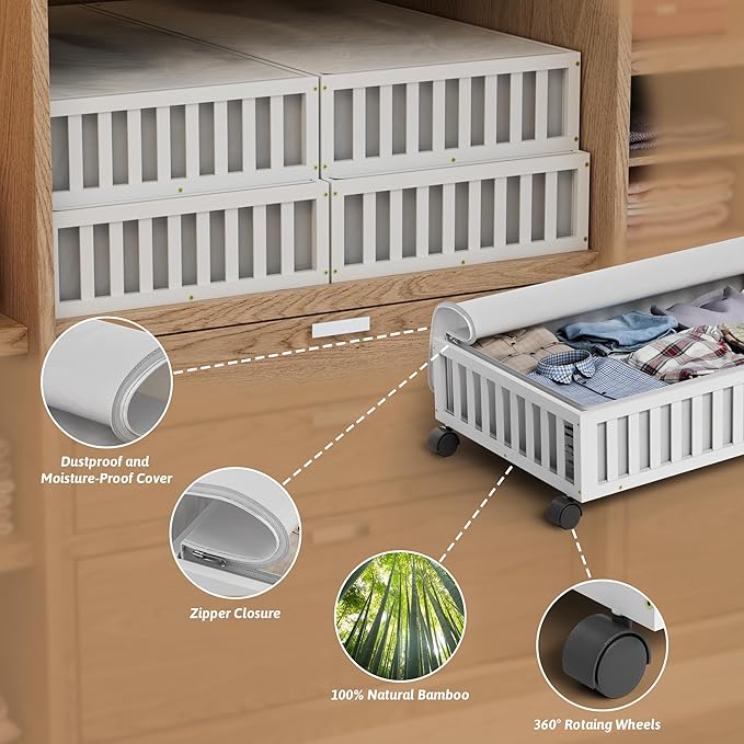 Bamboo Under Bed Storage Containers with Wheels, 2 Pack Large Under the Bed Shoe Storage Bins, Wood Rolling Underbed Drawers Organizer for Bedroom Closet Clothes Blanket Under Crib Toy White-NeatNest