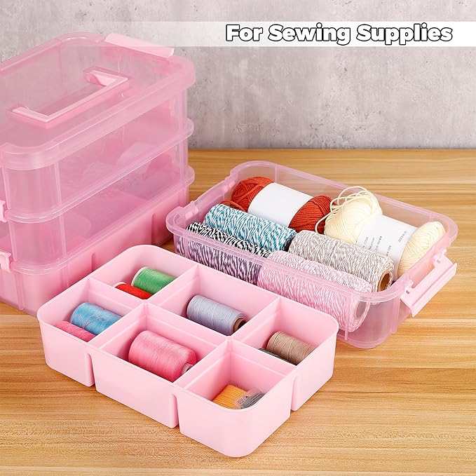 Art Supply Storage Organizer with 2 Removable Trays, 4-Layer 11QT Durable Craft Organizers and Storage for Sewing, Tool, Office Supplies, Art, Craft Supplies(Pink)