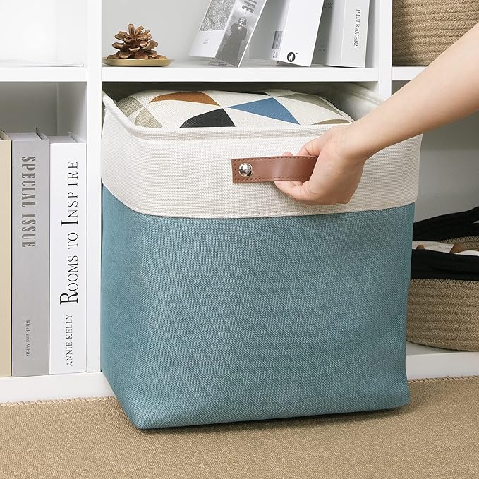 DULLEMELO Cube Basket for Storage, Collapsible Fabric Cube for Organizing, Storage Cube for Closet, Laundry, Nursery, Shelves, Decorative Basket for Gifts Empty (White&Teal)-NeatNest