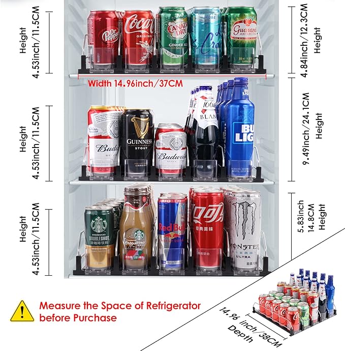Drink Dispenser for Refrigerator, Self-Pushing Soda Can Organizer for Fridge, 5 Rows already Assembled, Automatic Can Dispenser with Spring Loaded for Refrigerator Holds 25 cans, Black