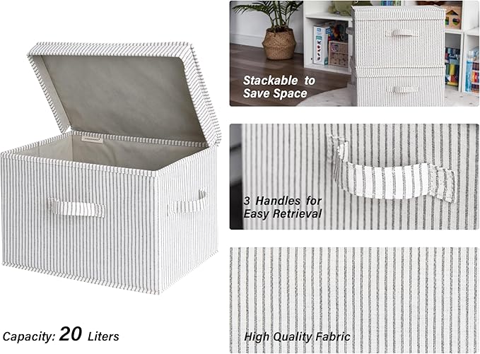 StorageWorks Fabric Storage Bins with Lid, Decorative Storage Boxes for Shelves, Stackable Closet Organizer Basket with Handles, Large, Gray and White Stripes, 2-Pack-NeatNest
