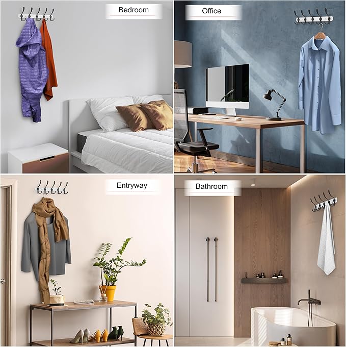 Coat Rack Wall Mount with 5 Tri Hooks, Stainless Steel 16 Inch – White & Black Matte Finish, Heavy Duty Wall Mounted Hook Rack for Coats, Hats, Towels, Scarfs, Robes, Bags, Entryway & Bathroom, 3 Pack-NeatNest