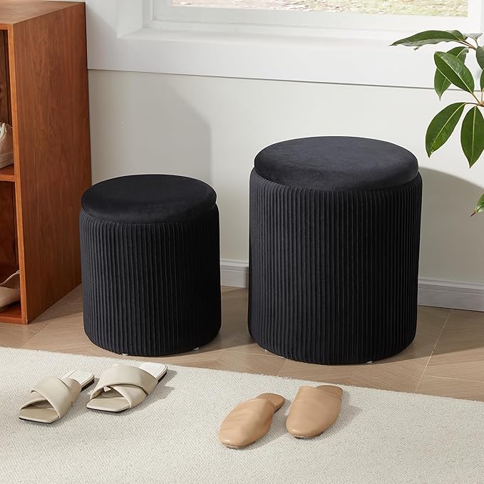 Royal Windsor Round Ottoman with Storage Set of 2,Vanity Stool with Storage for Bedroom, Ottoman Coffee Table,Small Velvet Foot Stool for Living Room, Black