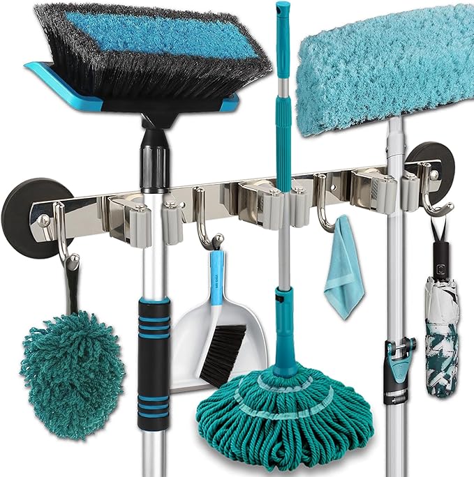ULIBERMAGNET Magnetic Broom Holder,Heavy Duty Movable Magnetic Mop Holder Rack,Anti-slip Wall Mounted Utility Storage Mop Shovel Hanger for Garage, Kitchen, Laundry, Garden(3 Racks / 4 Hooks)