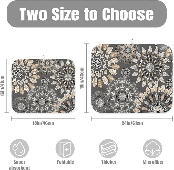Dish Drying Mat for Kitchen Counter Large 18" x 24" Mandala Absorbent Microfiber Dishes Drainer Rack Mats Pad Reusable Washable