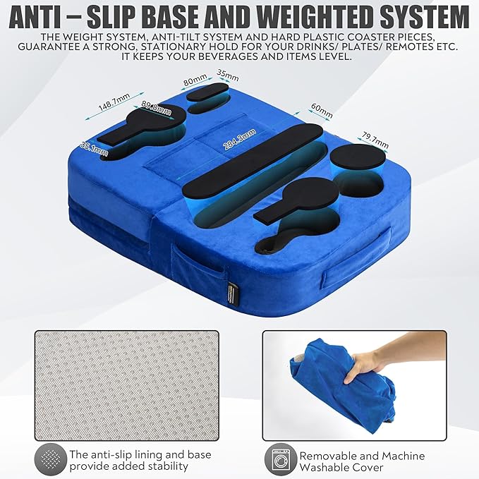 Couch Cup Holder Tray Pillow - Bed, Couch Caddy, Sofa, RV & Car - Holds Drinks, Snacks, Remotes, Phones, Kindle, Tablet | Bed Cup Holder (Blue)-NeatNest