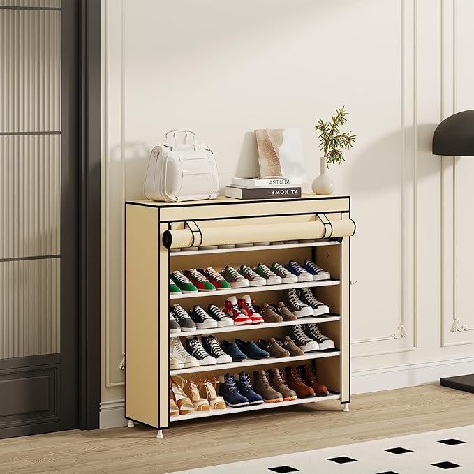 Calmootey 5 Tier Shoe Rack Organizer to Hold 25 Pairs, Portable Shoe Shelf with Nonwoven Fabric Cover for Closet Hallway, Bedroom, Entryway, Beige-NeatNest
