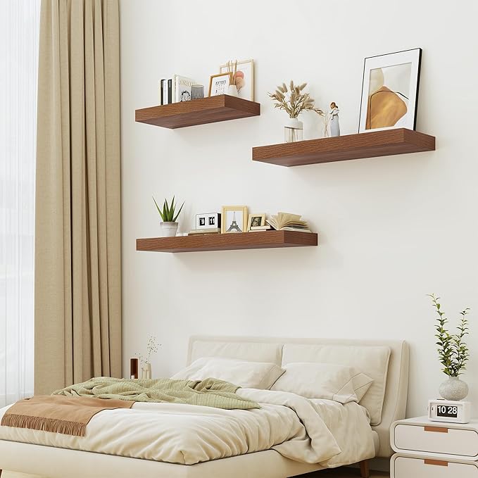 Heimlove Walnut Bathroom Shelves Floating Shelves for Wall Shelf Over Toilet Long Wall Mounted Modern Farmhouse,48 x 12 Wall Shelves with Invisible Brackets for Living Room, Kitchen, Bedroom-NeatNest