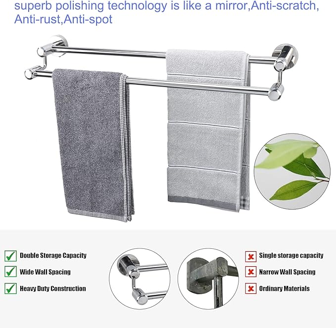 TocTen Double Bath Towel Bar - Thicken SUS304 Stainless Steel Towel Rack for Bathroom, Bathroom Accessories Double Towel Rod Heavy Duty Wall Mounted Towel Holder (Chrome, 24)
