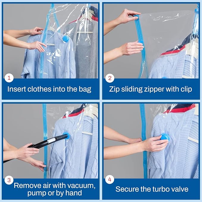 Spacesaver Hanging Vacuum Storage Bags (Pack of 4) - Vacuum Sealer Bags, Closet Organizer, Sealed Storage, Space Bag - Blanket, Bedding, Garment, Clothing, Dress, Suit, Long Coat, Jacket