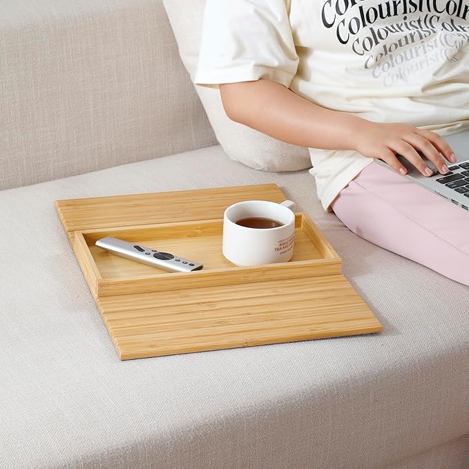 DETOR Couch Arm Tray, Foldable Sofa TV Tray with Capacious 12.4" x 5.4" Storage Box, Natural Bamboo Finish, Enhanced Nonslip Felt Bottom, Sturdy Bamboo Slats Material | for Armrests 6" and Wider-NeatNest