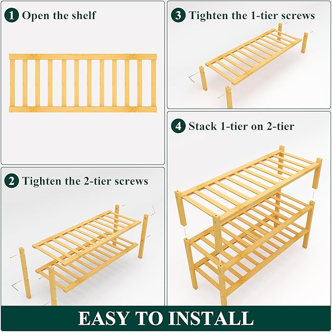 Smiry Shoe Rack, 3 Tier Thick Bamboo Shoe Organizer, Stackable Free Standing Wooden Shoe Storage Shelf for Closet, Entryway, Front Door Entrance, Natural-NeatNest