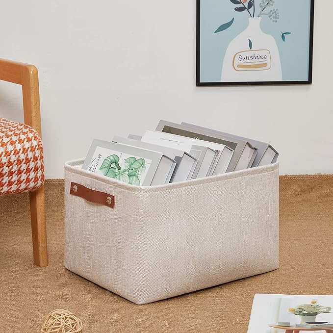 DULLEMELO Fabric Organizer for Storage, Office, Home, Nursery - Small Fabric Storage Basket with Handles (Beige)-NeatNest