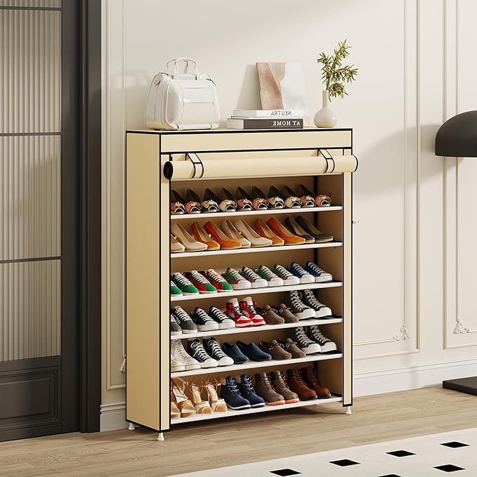 Calmootey 7 Tier Shoe Rack Organizer to Hold 35 Pairs, Portable Shoe Shelf with Nonwoven Fabric Cover for Closet Hallway, Bedroom, Entryway, Beige-NeatNest