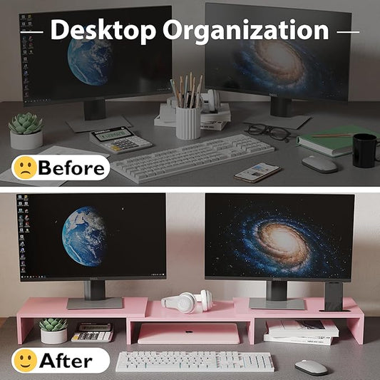 BONTEC Dual Monitor Stand for Desk, Adjustable Length and Angle Monitor Stand Riser with Smartphone Holder, Desk Shelf for Top of Desk, Computer Monitor Stand with Storage, Office Desk Organizer, Pink-NeatNest