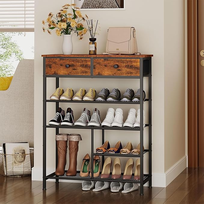 Snughome Shoe Rack, 5 Tier Shoe Storage Organizer with 2 Drawers, Shoe Storage Shelves with Sturdy Wooden Top and Metal Shelves, Free Standing Shoe Rack for Entryway Closet-NeatNest