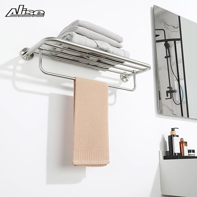 Alise 24 Inch Towel Racks for Bathroom, Foldable Towel Hanger Towel Shelf with Tower Bar, Heavy Duty Towel Holder, SUS 304 Stainless Steel Wall Mount Towel Rail, Brushed Nickel