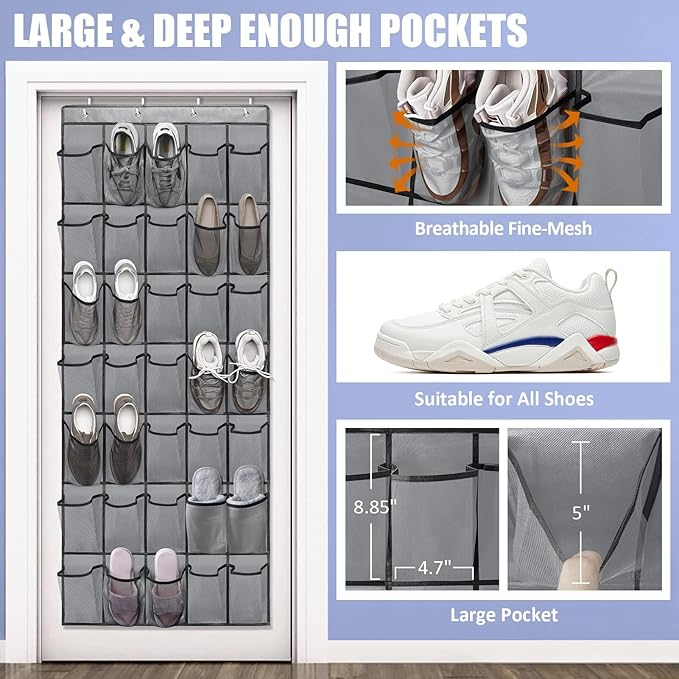 Over the Door Shoe Organizers 35 Mesh Pockets Hanging Shoe Organizer Shoe Rack for Closet Entryway Bedroom Bathroom Pantry Shoe Holder for Men Sneakers, Women High Heeled Shoes, flip flops Gray-NeatNest