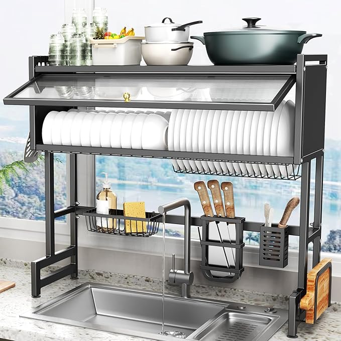 Over The Sink Dish Drainer Drying Rack 3 Tiers with Cover, Keep Kitchen Sink Shlef Organized Space-Saving Dish Drying Rack, Large Stainless Steel Sink Drying Rack for Dishes, Bowls, Cutlery (33.4"W)