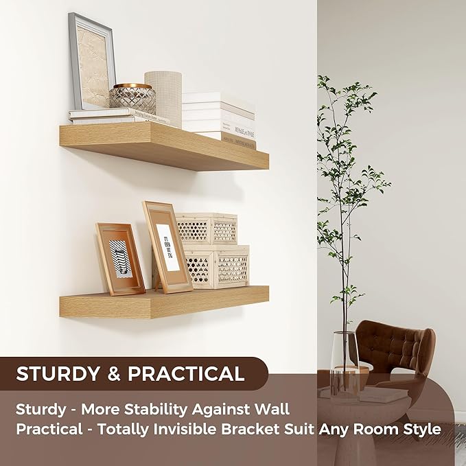Floating Shelves for Wall, 24"W x 6.7"D x 1.4"H, 2 Pack of Long Wall Mounted Engineered Wood Shelves with Invisible Brackets for Living Room, Bedroom, Bathroom, Kitchen Decor and Storage, Oak-NeatNest