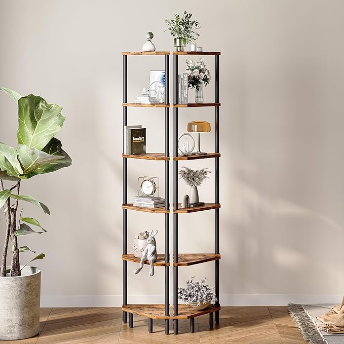6 Tier Corner Shelf, 66.5'' Tall Standing Shelf, Narrow Display Shelf Stand, Modern Corner Bookshelf, Plant Stand, Corner Bookcase for Living Room, Bedroom, Bathroom, Rustic Brown LCS502R-NeatNest