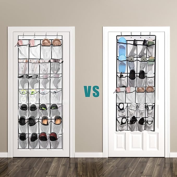 28Large Pockets Over The Door Shoe Organizer, Hanging Shoe Organizer for Closet, Premium Clear Shoe Rack for Door, Shoes Hanger Organizers Storage Holder for Back of Door and 4Metal Hook White-NeatNest