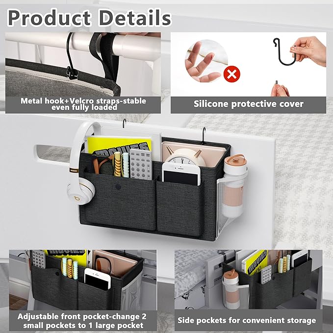 Bedside Caddy Bedside Organizer with Fixed Straps & Water Bottle Holder, Bunk Bed Caddy ideal for Home, Dorm, Hospital, Crib, Versatile Bedside Storage Solution (Black 2pcs)-NeatNest
