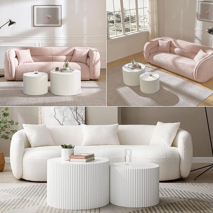 Nesting Coffee Table Set of 2, Modern Wooden Round Coffee Tables for Living Room, Circle Accent End Table Center Table for Small Spaces Bedroom Balcony Office, No Assembly Required, White