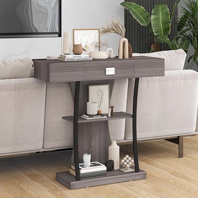 Giantex Narrow Console Table T-Shaped - Behind Couch Table with Drawer, Shelves, Dual Anti-Tipping Kits, Modern Foyer Table, Sofa Side Table for Living Room, Entryway, Hallway, Entry Table (Gray)-NeatNest