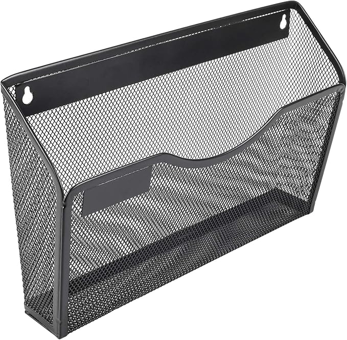 EasyPAG 6 Pack Wall File Holder with Label Panel, Single Mesh Hanging File Organizer for A4 Letter Size Paper, Wall Mount Paperwork Basket for Office, Home, School, Black