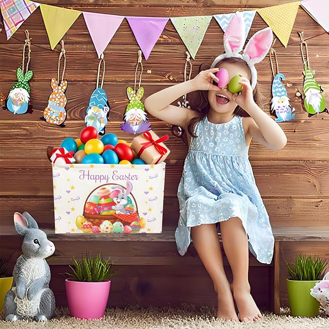 Easter Basket for Kid Large Empty Baby Rectangular Cute Easter Gift Storage Basket Bunny Eggs Décor (Rabbit Purple Bow Tie)-NeatNest