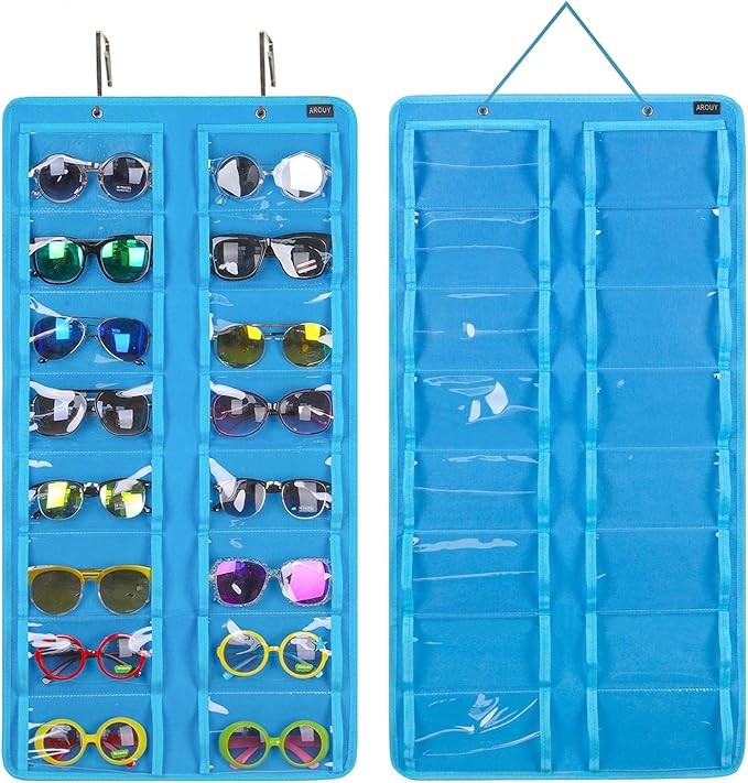 AROUY Sunglasses Organizer Storage - Hanging Dust Proof Wall Pocket With 16 Felt Slots, Metal Hook and Sturdy Rope (Light Blue)-NeatNest