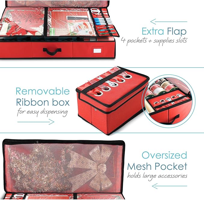 Hearth & Harbor Wrapping Paper Storage Container - Christmas Storage Bag with Ribbon Dispenser and Interior Pockets - Gift Wrap Organizer Fits Up to 26 Rolls of 40" Length, Red-NeatNest
