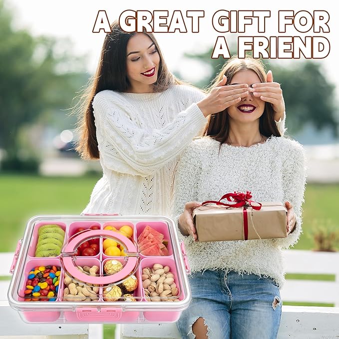 Divided Serving Tray with Lid and Handle, 8 Compartments Snack Box, Portable Platter for Candy Fruits Nuts, Snack Party Entertaining Picnic-NeatNest