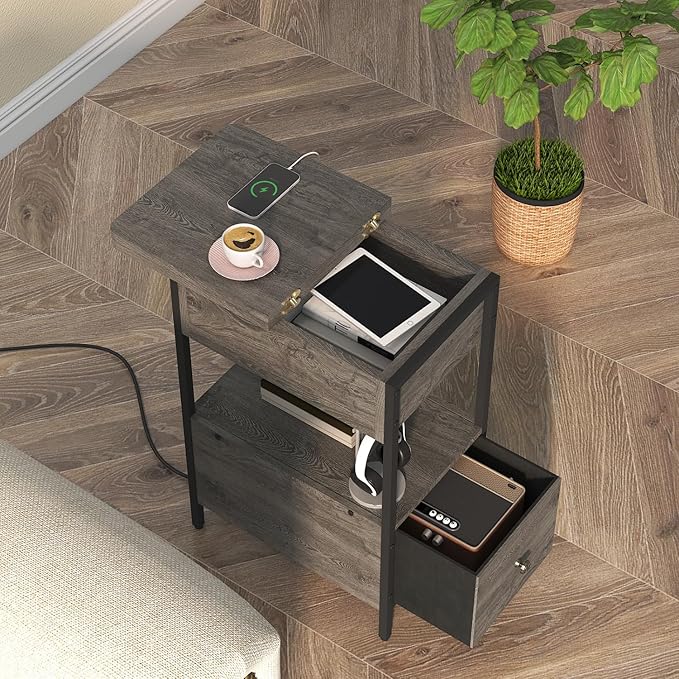 SOOWERY End Table with Charging Station, Narrow Side Table with Flip Top Cabinet and Fabric Drawer, Nightstand Bedside Tables for Small Spaces, Bedroom, Living Room, Dark Grey