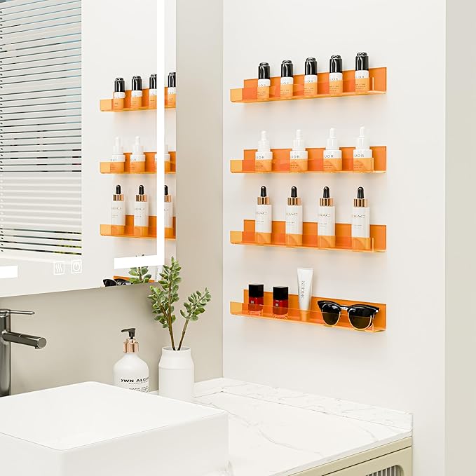 4 Pack Acrylic Shelves for Wall Storage,15" Floating Bookshelves for Kids, Display Shelf for Bathroom, Bedroom,Decor, Orange