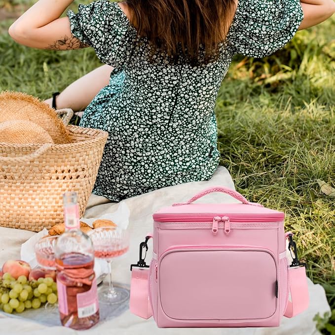 FlowFly Insulated Reusable Lunch Bag Adult Large Lunch Box for Women and Men with Adjustable Shoulder Strap,Front Zipper Pocket and Dual Large Mesh Side Pockets,Pink-NeatNest